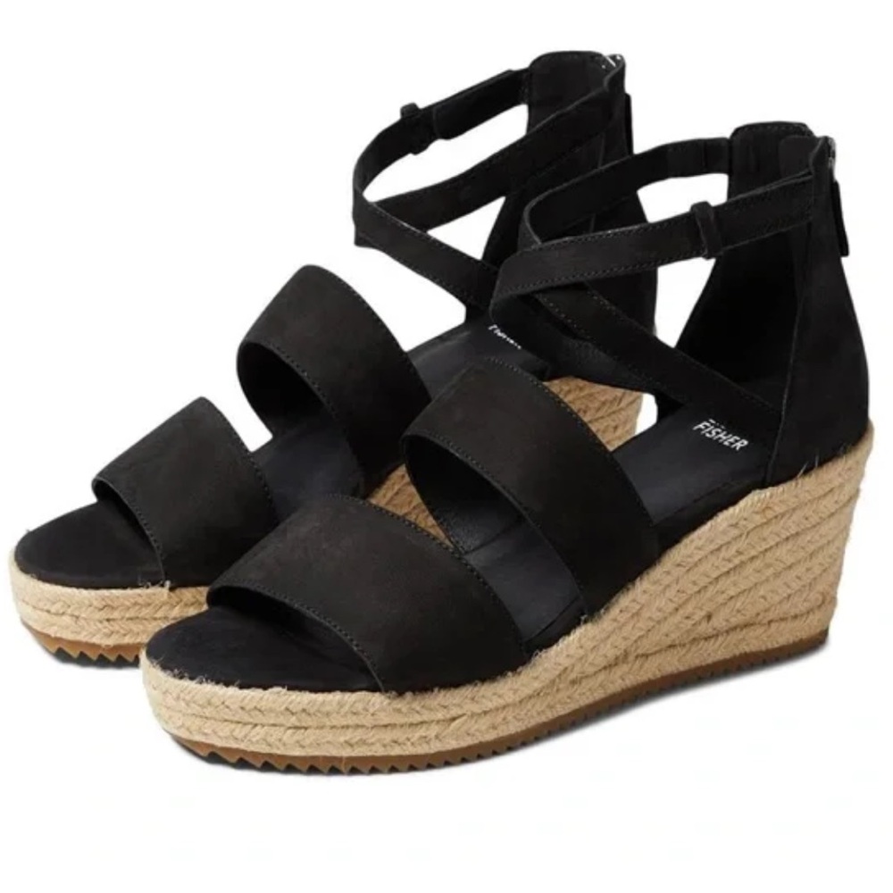 Eileen Fisher Wedge Shoes Platform Sandals Espadrille Black Jute Heel NWOB
